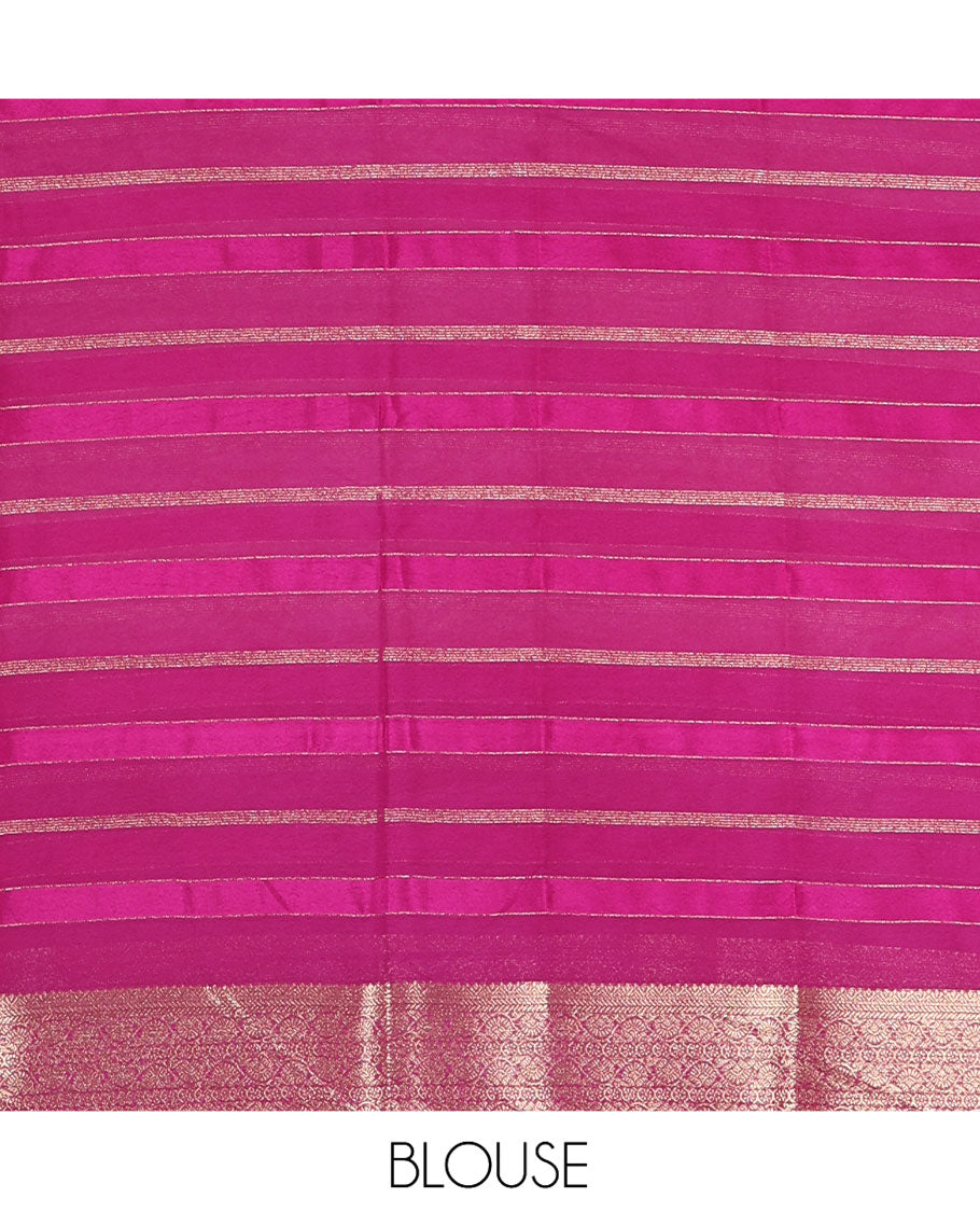 White and Purple Georgette Saree, Subtly Sparkled with Horizontal Zari Stripes All Over Its Body, Complemented by a Contrast Traditional Zari Design Border, Gleaming Zari Striped Pallu, and Paired with a Contrast Blouse