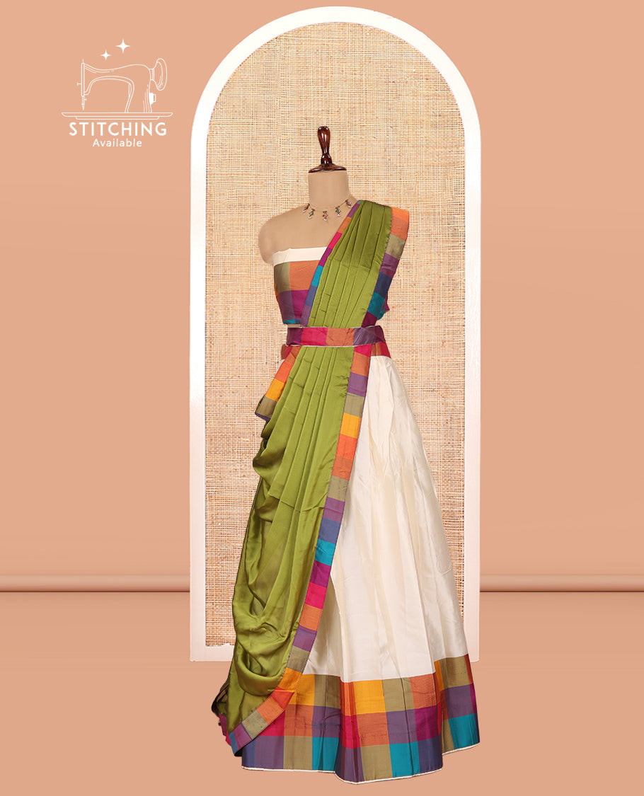Cream-Mehendi Green Semi- Silk Plain Half-Saree, Contrast Madras Checked Border, Matching Blouse and a Contrast Syska Georgette Dhavani