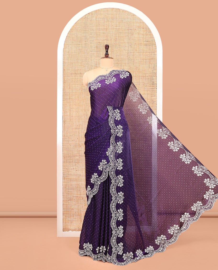 Blue Designer Saree, Gleamed up with Stone Struck On Its Body, Highlighted by Scallop Embroidered Border, and Paired with a Matching Embroidered Blouse