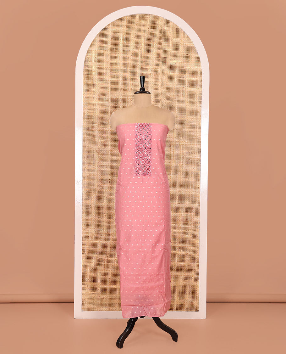 Onion Pink Material Churidar Set, Elevated with Zari Buttas and Crosia Lace with Mirror Work Chanderi Top, Comes with a Plain Bottom, Zari Woven Chanderi Dupatta