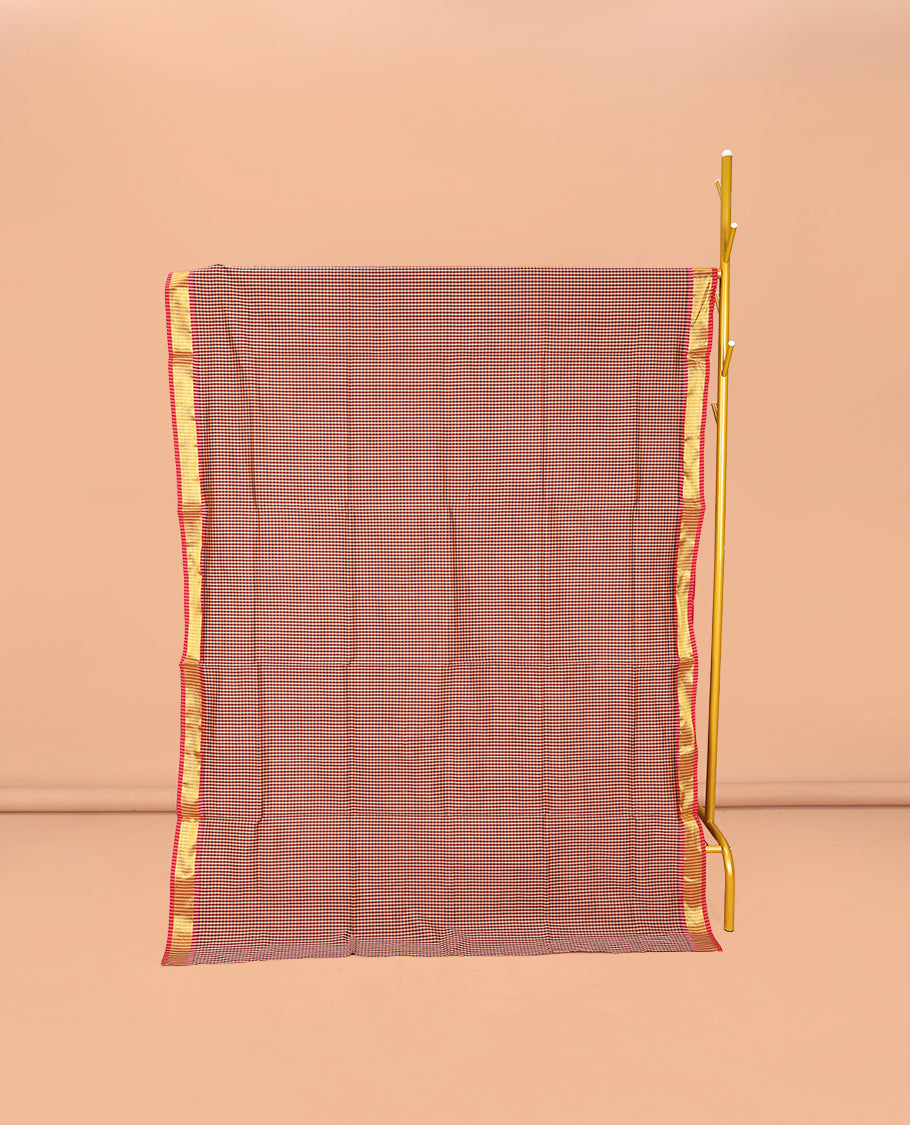 Red Micro-Checked Poly Cotton Saree, Complemented by a Contrast Zari Border, Contrast Striped Pallu, and Paired with a Contrast Blouse