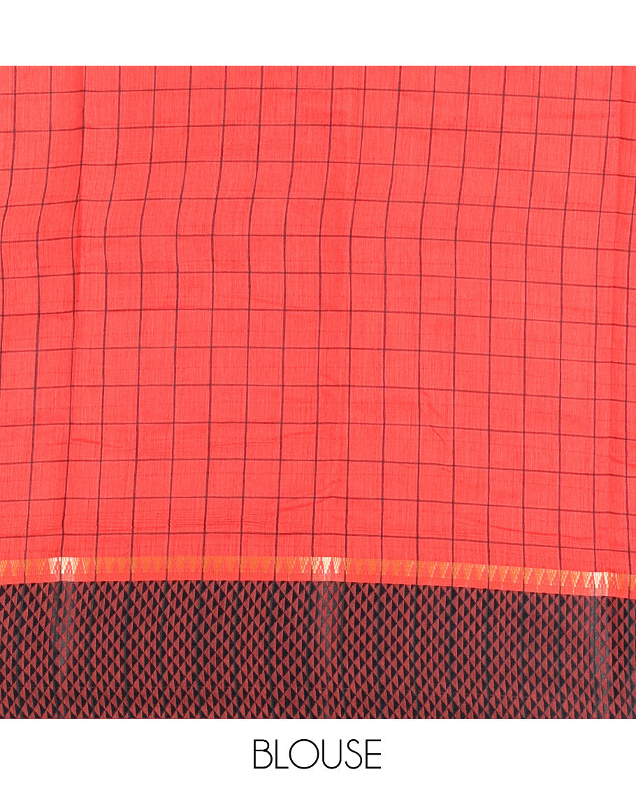 Red Checked Mercerised Cotton Saree, Contrast Temple Ara Maadam Border, Striped Pallu, and Matching Blouse