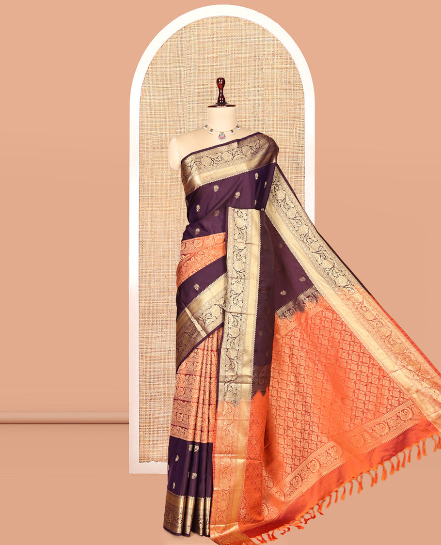Rust Half-And-Half Budget Silk Saree Features Jacquard, Traditional Border, Grand Pallu, Contrast Blouse