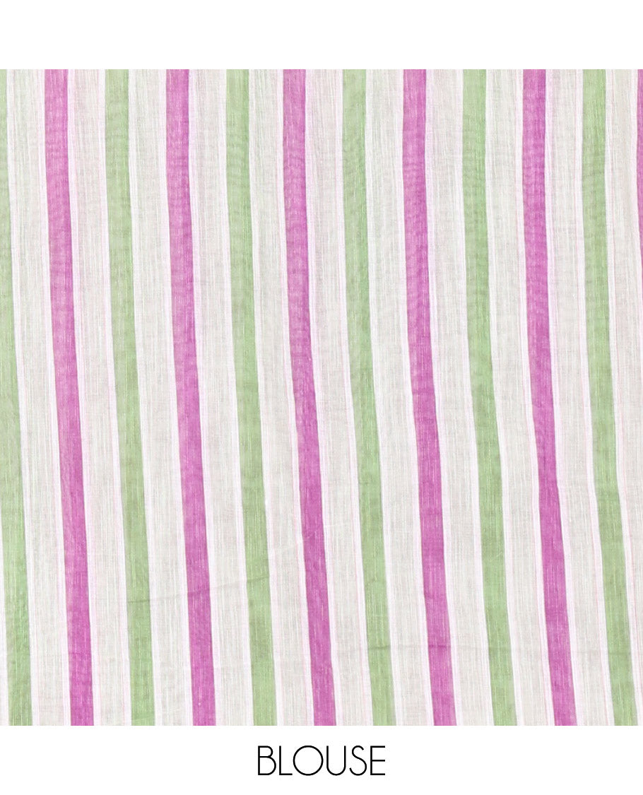 Magenta Linen Cotton Saree, Adorned with Anchor Motifs Printed on Its Body, a Subtle Contrast Piping Border, Multi-Color Striped Pallu, and Paired with a Contrast Blouse
