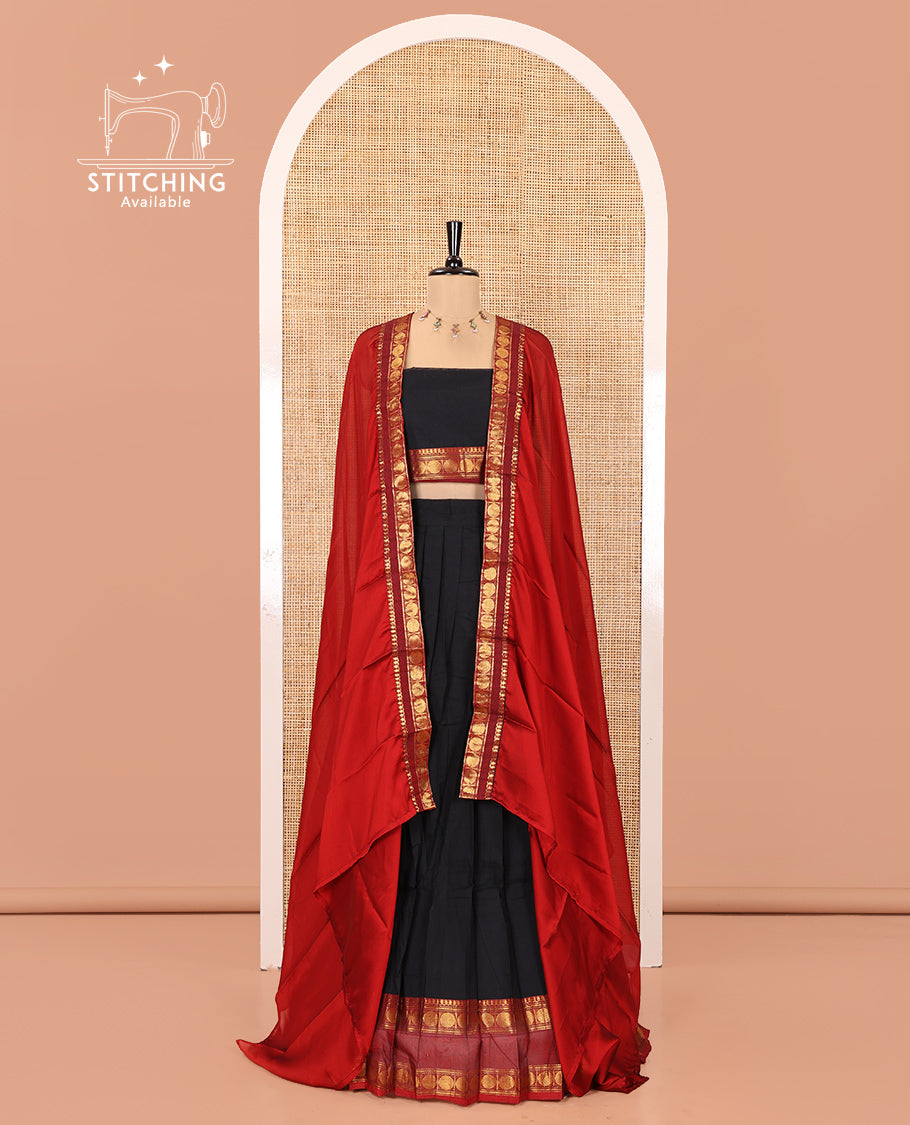 Black-Red Chettinad Cotton Half-Saree Features Plain Skirt, Contrast Traditional Rettai Pettu Border, Matching Blouse, Syska Georgette Dhavani