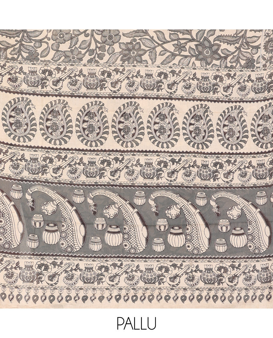Grey Kalamkari Cotton Saree, Beautified with Floral Vine Print, Self-Border of Floral Print, Pallu of Musical Instruments, and a Matching Blouse