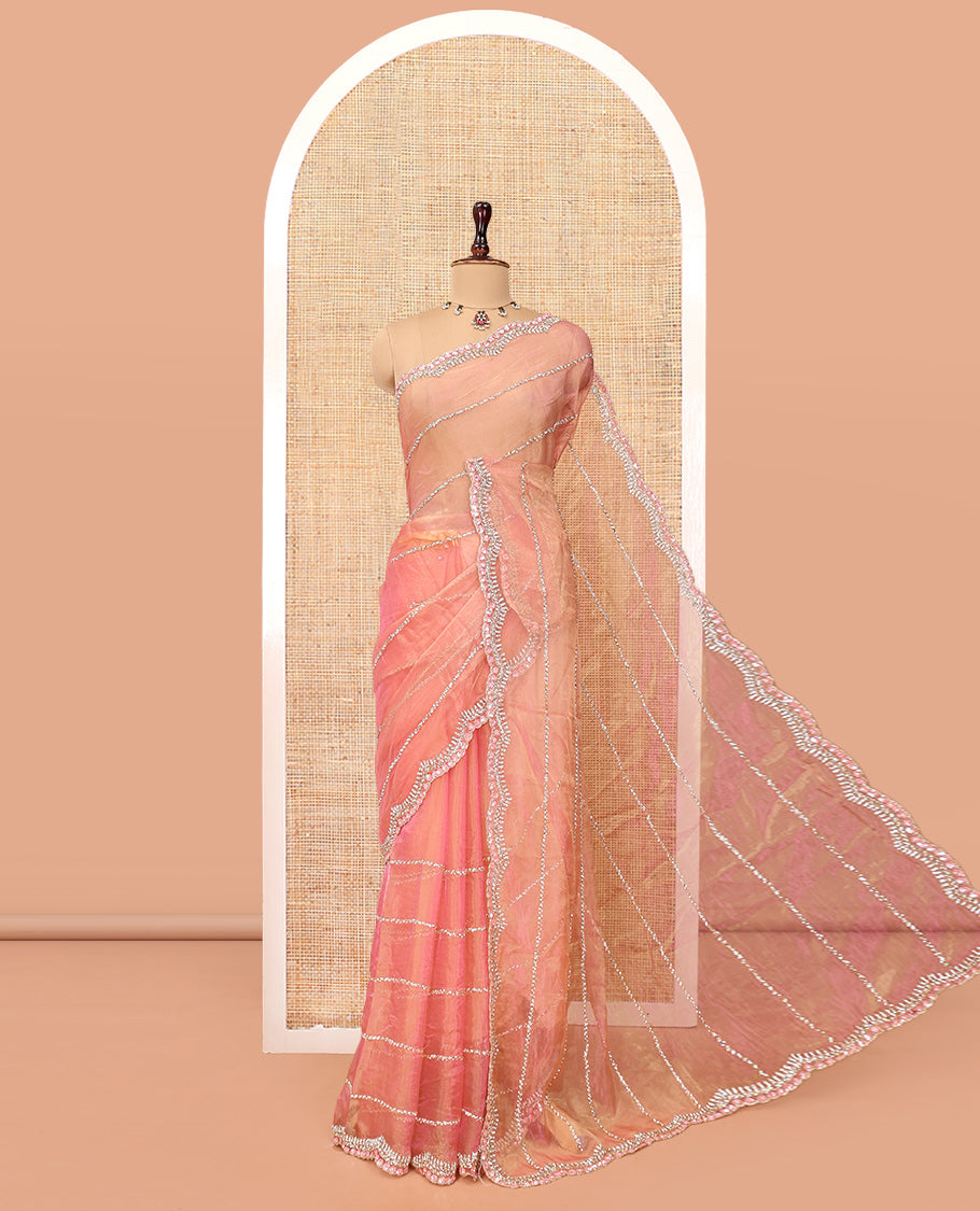 Pastel Pink Stone-Kardana Work Organza Designer Saree with a Scallop Embroidery Border, Matching Blouse