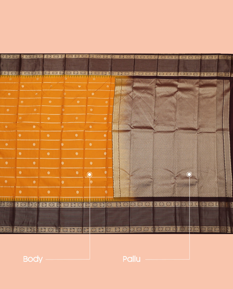 Orange Budget Silk Saree, Enriched with Zari Buttas and Stripes, Complemented by a Contrast Traditional Zari Border, Grand Pallu, and a Contrast Blouse