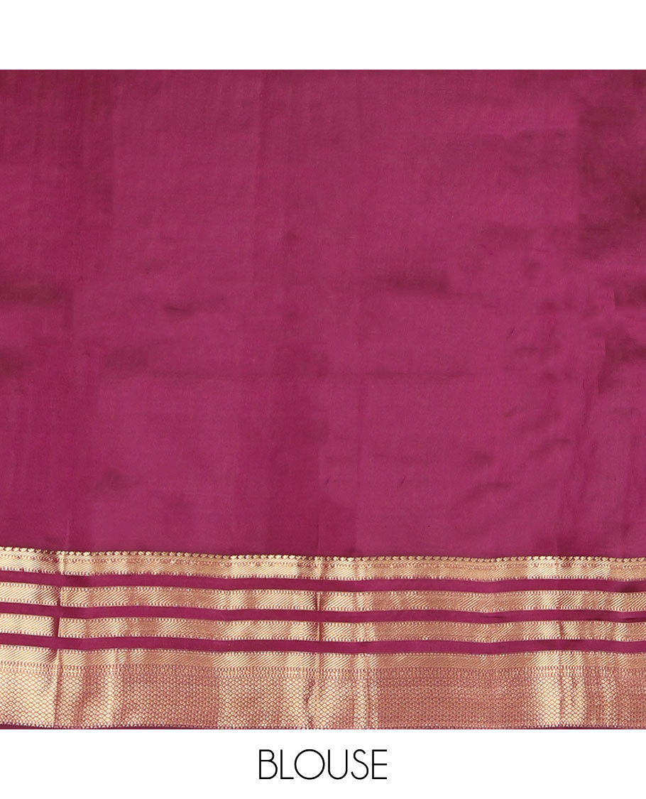 Pink Kanchipuram Silk Saree, Subtly Enriched with Zari Buttas All Over Its Body, Complemented by Contrast Border of Muthu, Banaras, and Mayil Kann Designs, Sparsely Striped Pallu, and Paired with a Contrast Blouse