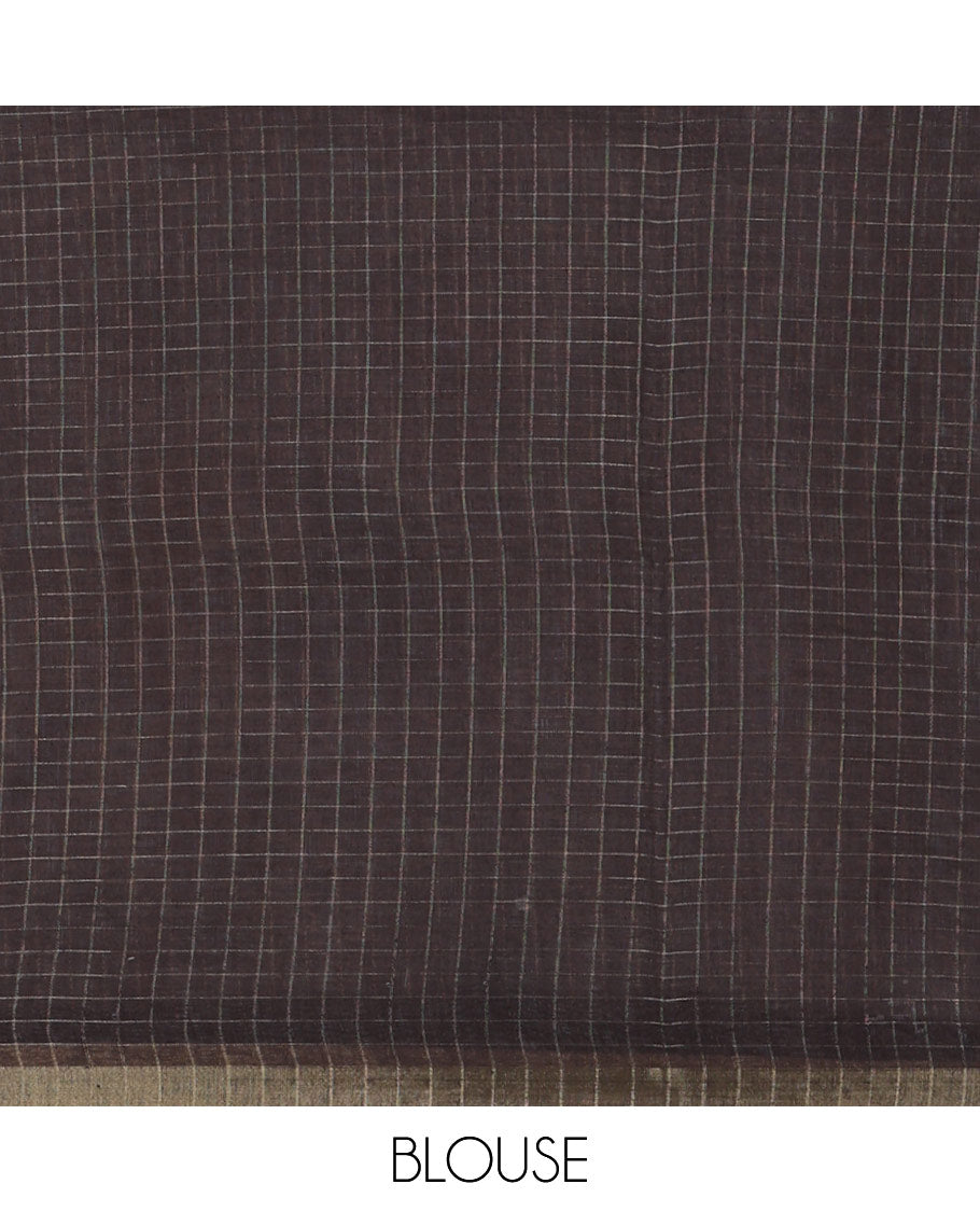 White with green zari checks linen saree with contrast border and unique designs of pallu along with contrast plain blouse