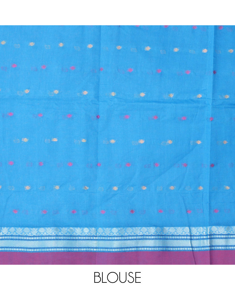 Blue Bengal Cotton Saree Features Thread Buttas, a Contrast Traditional Design Border, Pallu of Stripes, and Buttas, and a Matching Blouse
