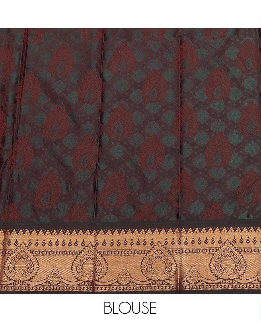Red Art Silk Pavadai Material Set, Embellished with Jacquard Design on Its Skirt, Complemented by a Contrast Zari Design Border, and Paired with a Contrast Blouse