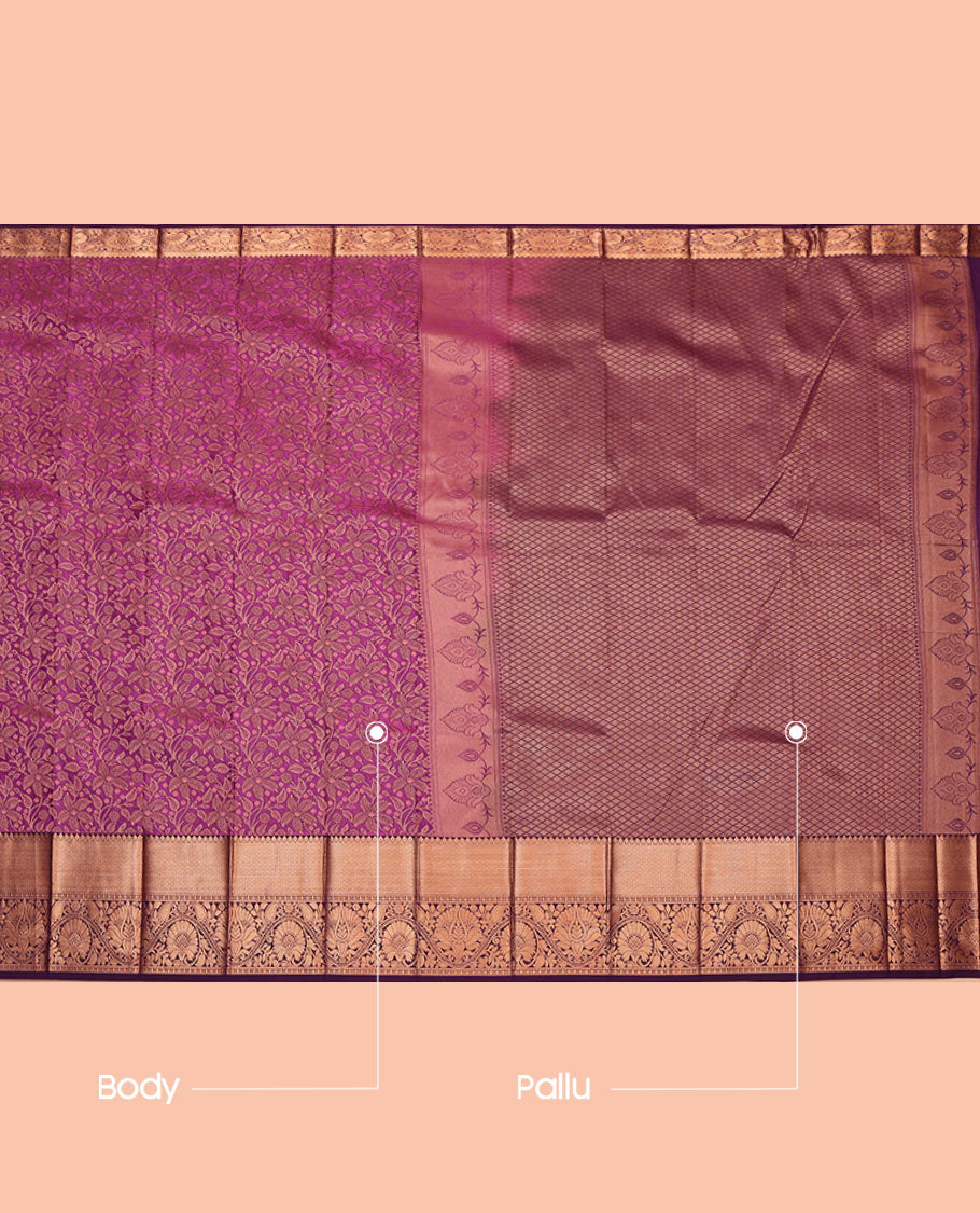 Purple Budget Silk Saree, Opulently Embellished with Jacquard Design, Complemented by a Contrast Traditional Zari Border, Jaal Pallu, and Contrast Blouse