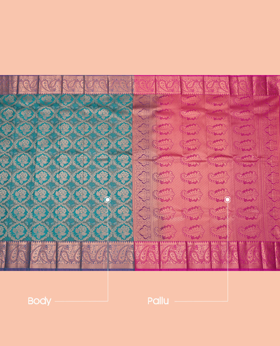 Blue Budget Silk Saree, Elegantly Highlighted with Floral Jacquard, Complemented by Contrast Paisley Zari Border, Intricate Pallu, and a Contrast Blouse