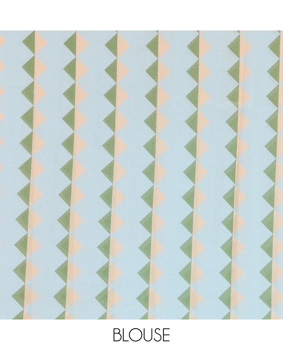 Borderless sea green plain moss chiffon saree, contrast double-sided temple border, self-pallu, and diamond-patterned printed blouse