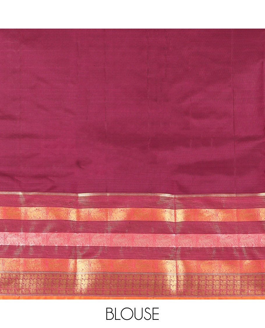 Pink Vasundhara Lite Silk Mix Saree, Beautified with Zari Buttas, Complemented by a Contrast Border of Muthu, Yaali, and Mayil Designs, Grand Pallu, and a Contrast Blouse