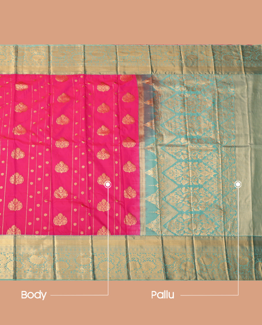 Pink Budget Silk Saree Features Zari Buttas and Stripes, Complemented by Contrast Traditional Zari Border, Grand Pallu and a Contrast Blouse