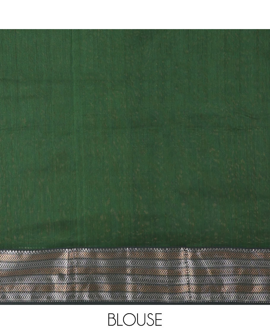 Green Maheshwari cotton saree with stripes, contrast traditional zari border & intricate pallu