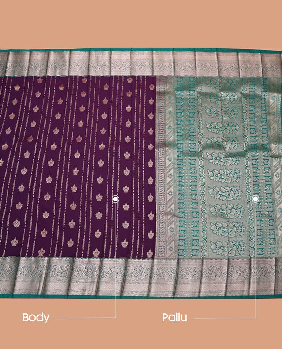 Purple Budget Silk Saree, Spotlighted with Zari Buttas, Complemented by a Contrast Traditional Zari Border, Grand Pallu, and a Contrast Blouse