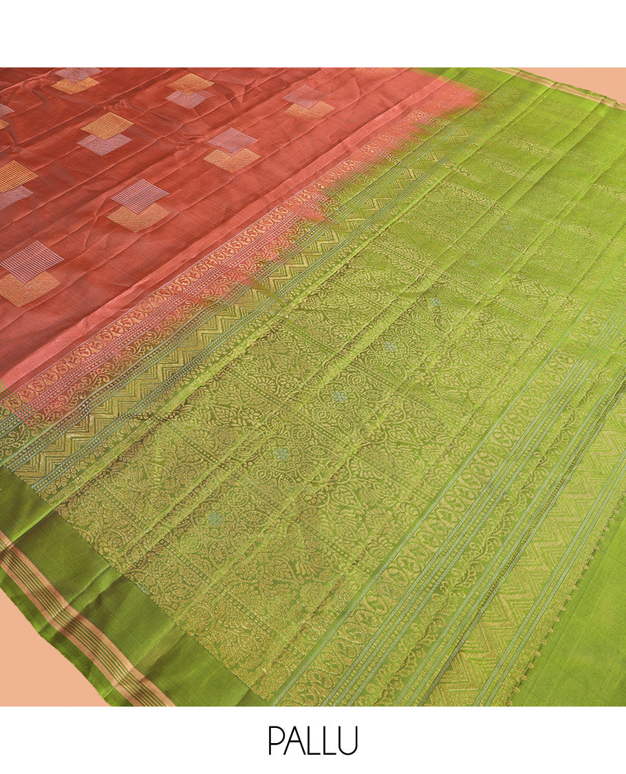 Dark Peach Mayuri Lite Silk Mix Saree, Bedecked with Zari Buttas, Complemented by a Contrast Zari Buttas Border, a Grand Pallu, and a Contrast Blouse