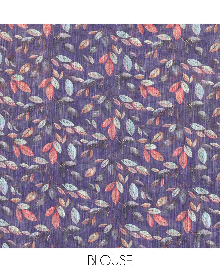 Lavender plain linen cotton saree, mordern art style elephant motifs printed border, elephant printed pallu, and a leaf printed blouse