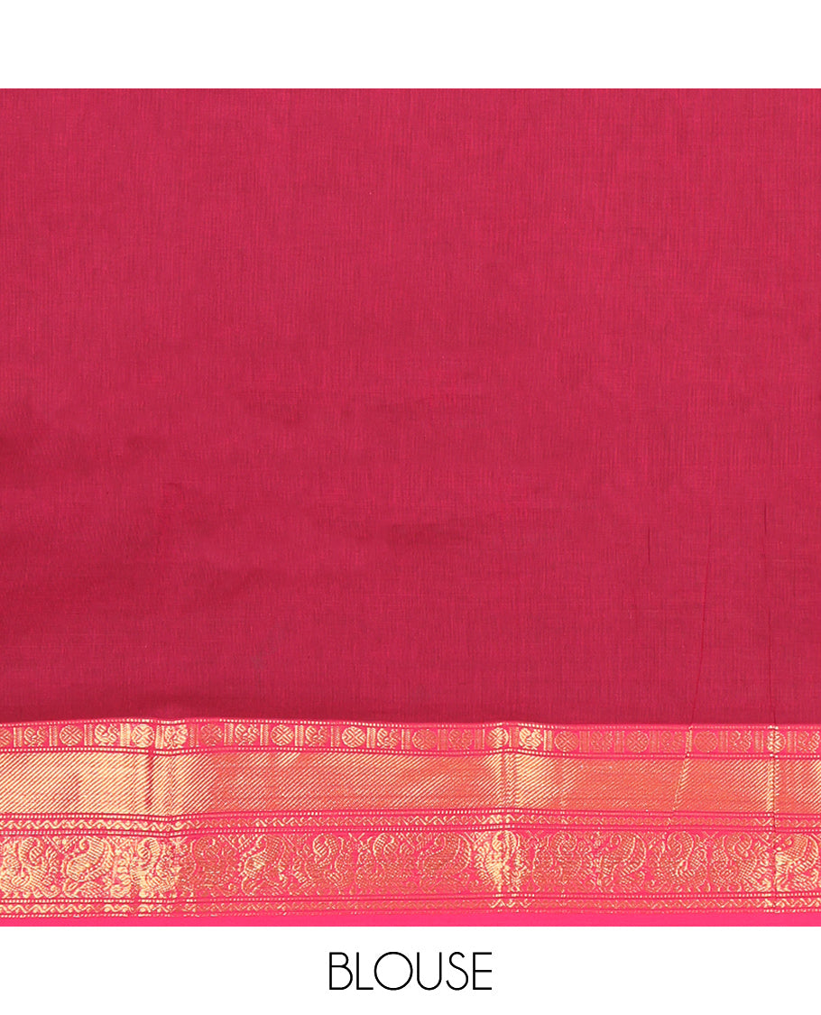 Red Plain Chettinad Cotton Saree, Complemented by Contrast Traditional Zari Design Border, Striped Pallu, and Paired with Matching Blouse