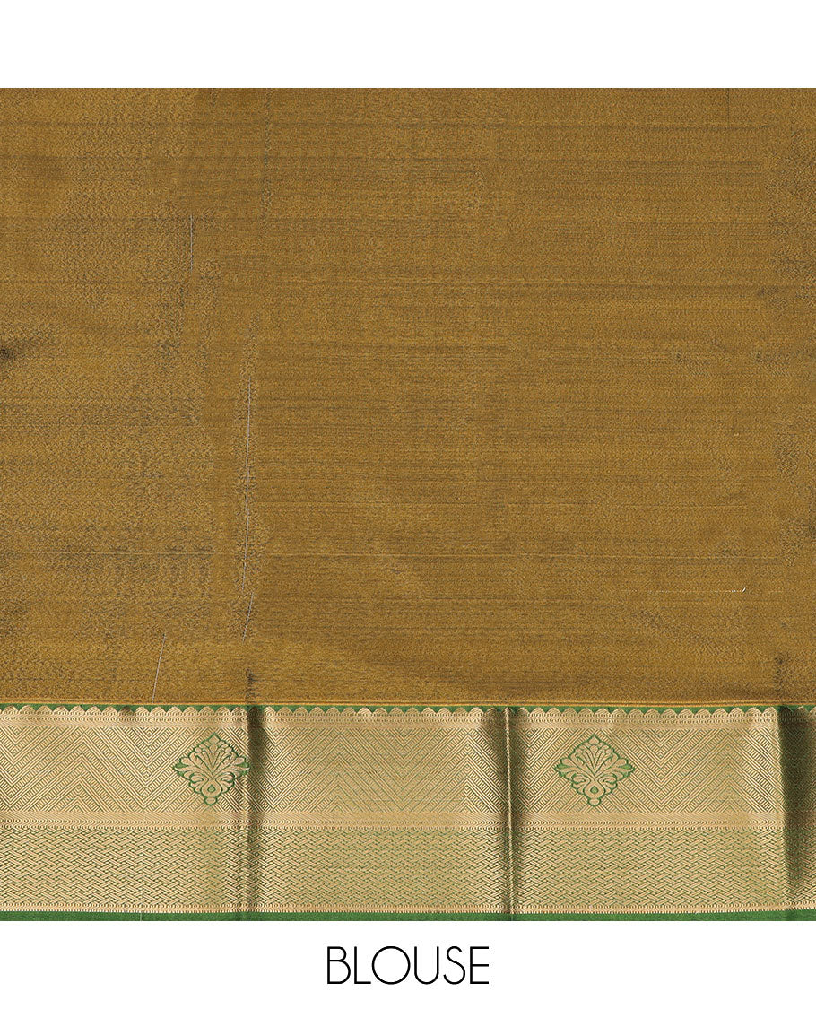 Sandal art silk pavadai material set, floral meenakari jacquard pavadai, contrast green blouse & traditional zari border