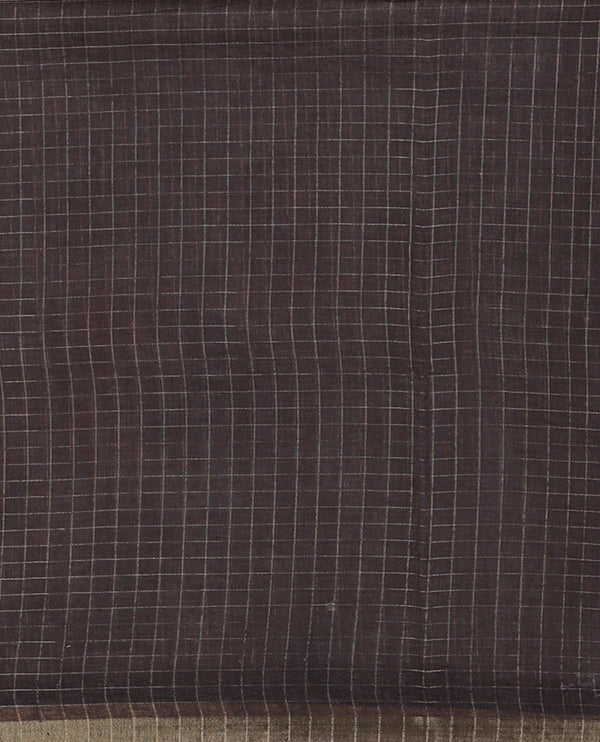 White with green zari checks linen saree with contrast border and unique designs of pallu along with contrast plain blouse