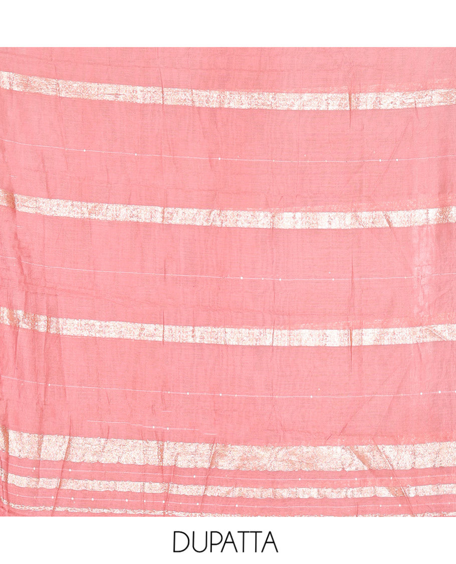 Onion Pink Material Churidar Set, Elevated with Zari Buttas and Crosia Lace with Mirror Work Chanderi Top, Comes with a Plain Bottom, Zari Woven Chanderi Dupatta