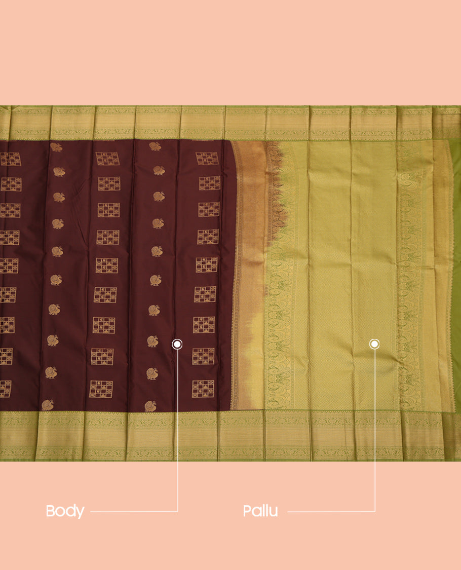 Brown Budget Silk Saree, Richly Detailed with Zari Buttas, a Contrast Traditional Zari Border, Grand Pallu, and a Contrast Blouse