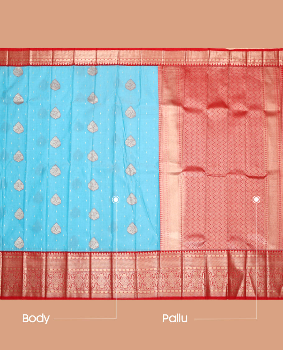 Blue Budget Silk Saree, Finely Crafted with Zari Buttas All Over Its Body, Complemented by a Contrast Traditional Zari Design Border, Grand Jaal Pallu, and Paired with a Contrast Blouse