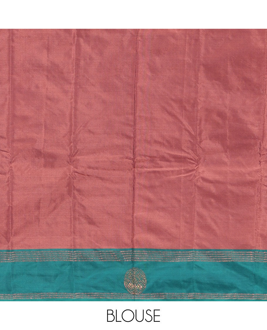 Peach zari buttas semi-soft silk saree, contrast zari buttas and striped border, striped pallu, and a plain blouse