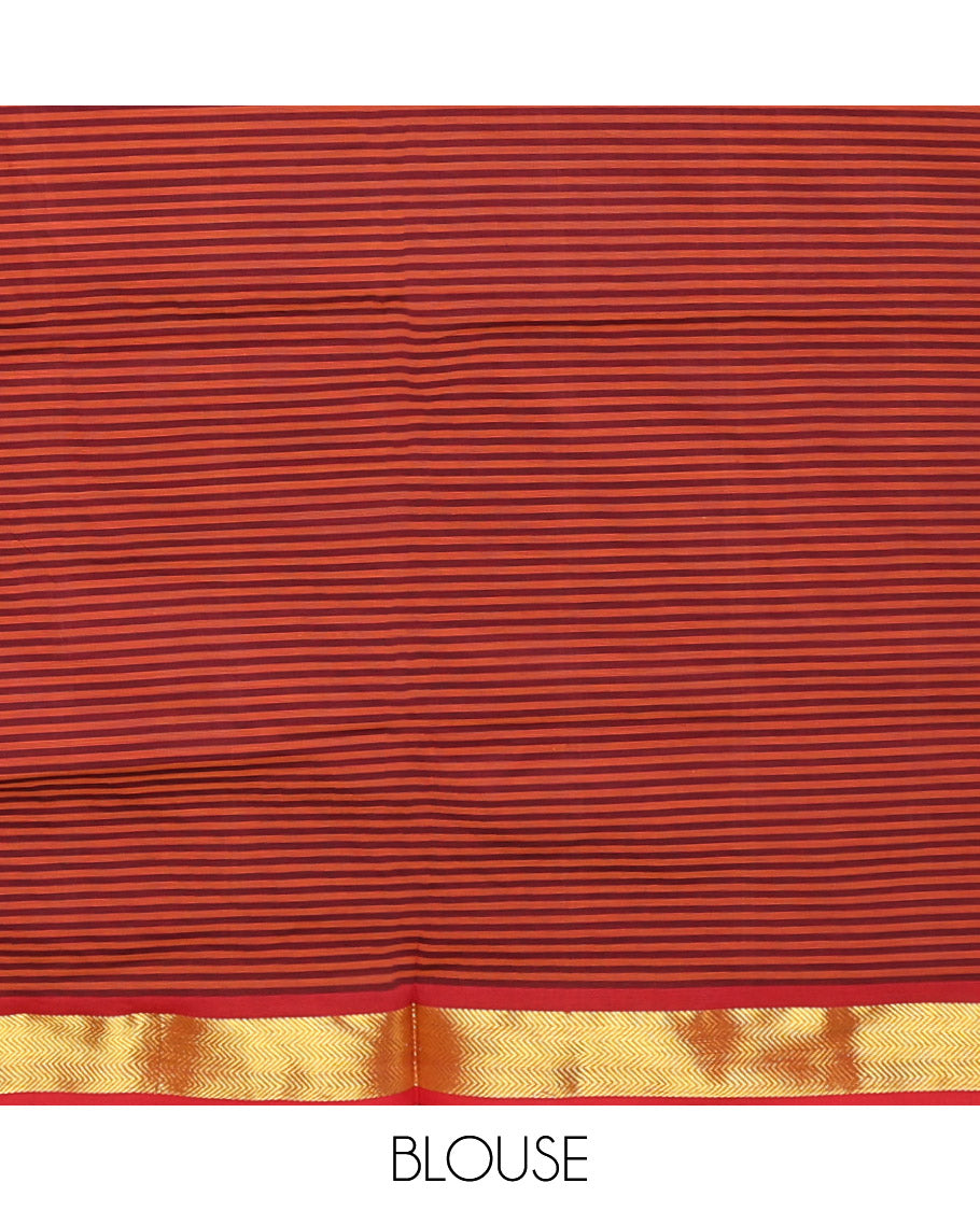 Red Micro-Checked Poly Cotton Saree, Complemented by a Contrast Zari Border, Contrast Striped Pallu, and Paired with a Contrast Blouse