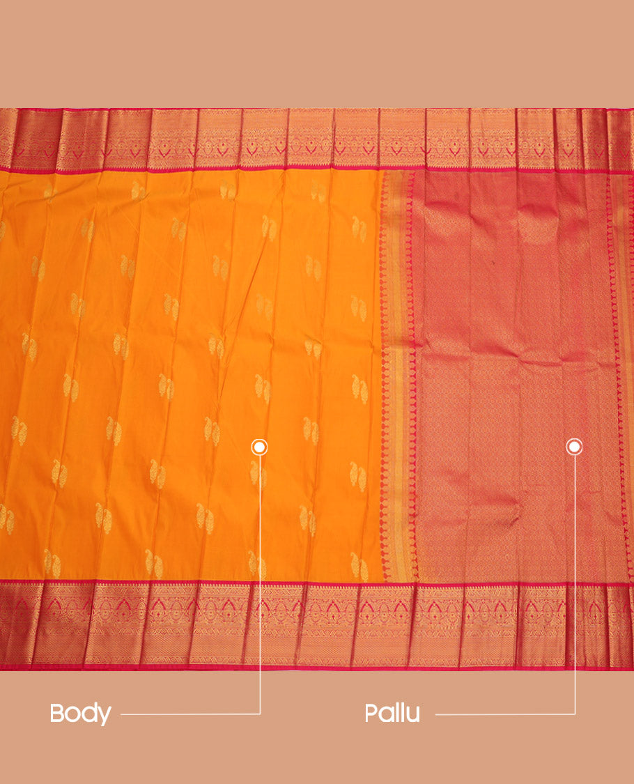 Orange Budget Silk Saree, Gleamed Up with Zari Buttas, Complemented by a Contrast Traditional Zari Border, Jaal Pallu, and a Contrast Blouse