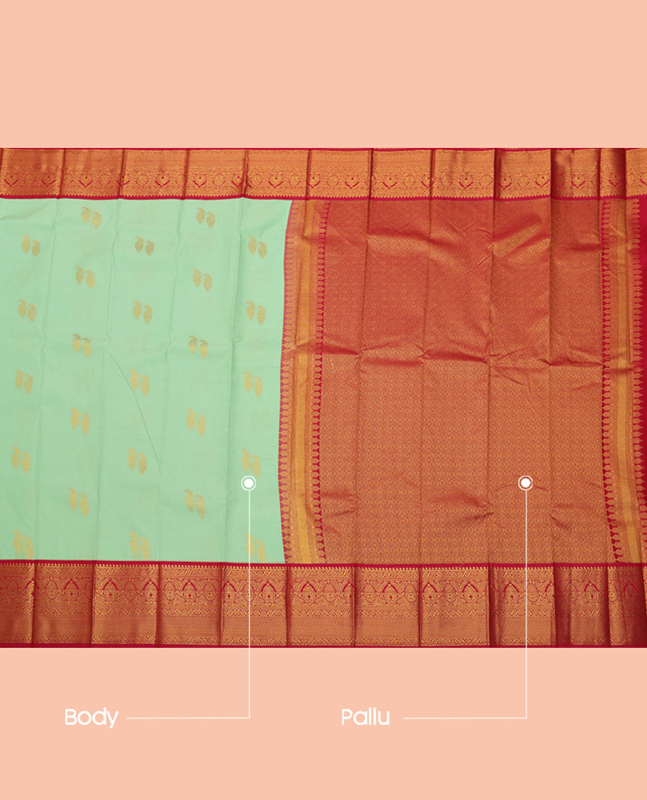 Green Budget Silk Saree, Delicately Woven with Zari Buttas, Complemented by a Contrast Traditional Border, Jaal Pallu, and a Contrast Blouse