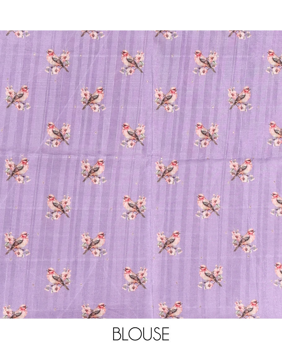 Lavender gold zari dotted buttas semi tussar saree, contrast temple border of floral vine, and sparrow motifs digital print, striped pallu, and printed blouse