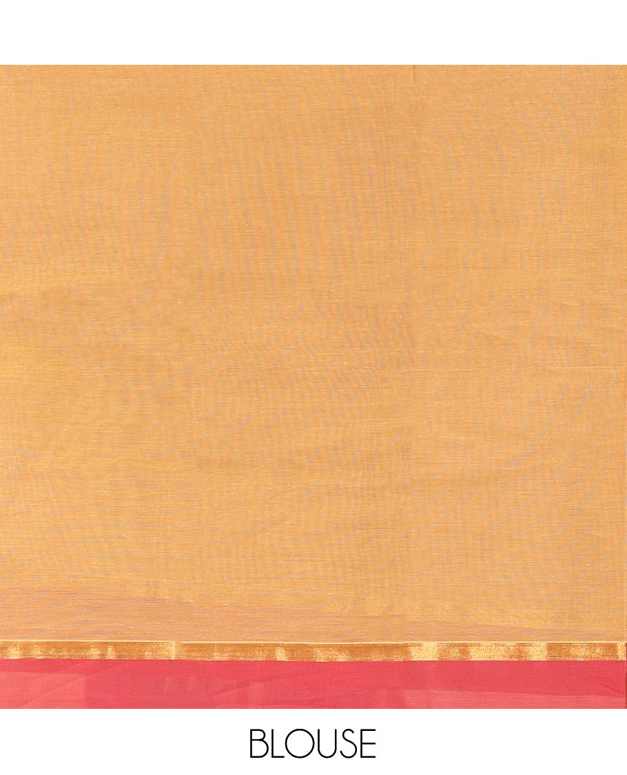 Mustard Kanchi Cotton Saree Features Paisley Buttas and Stripes on Its Body, Complemented by a Contrast Border, Paisley Vine Pallu, and a Matching Blouse