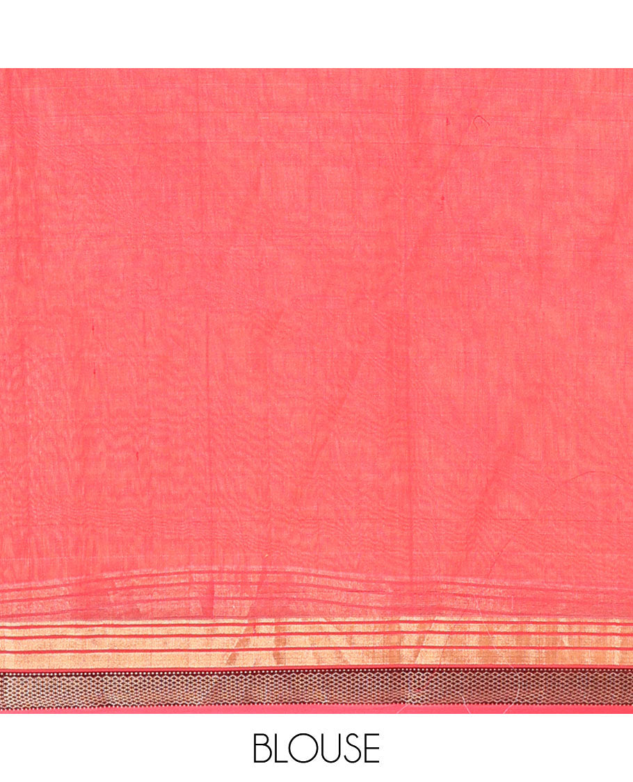 Orange floral motifs maheshwari cotton saree with contrast zari border & striped pallu