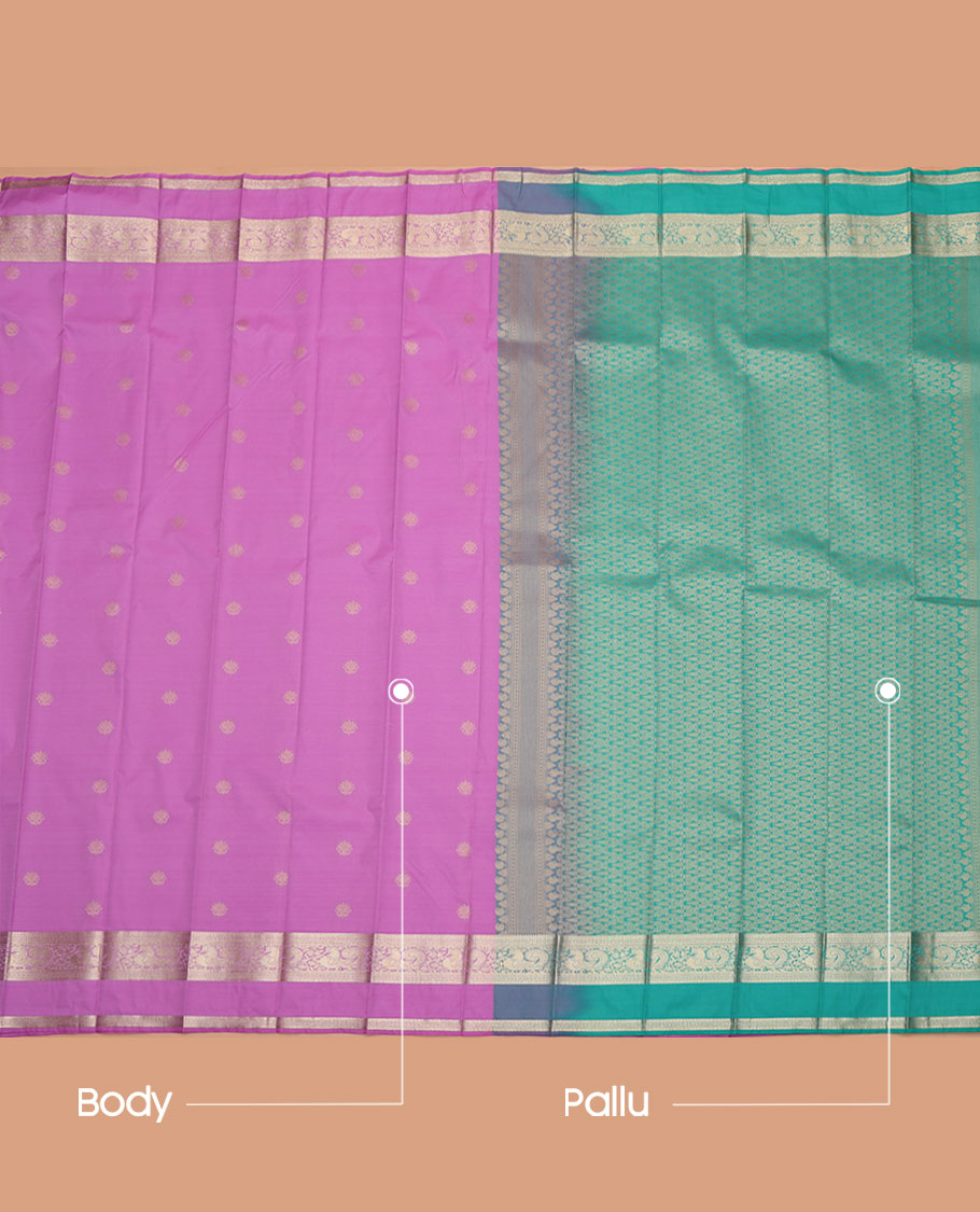 Pink Budget Silk Saree, Elevated with Zari Buttas All Over Its Body, Highlighted by a Traditional Zari Design Border of Peacocks, Captivating Contrast Pallu of Intricate Design, and Paired with a Contrast Blouse