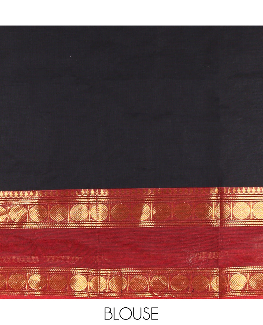 Black-Red Chettinad Cotton Half-Saree Features Plain Skirt, Contrast Traditional Rettai Pettu Border, Matching Blouse, Syska Georgette Dhavani