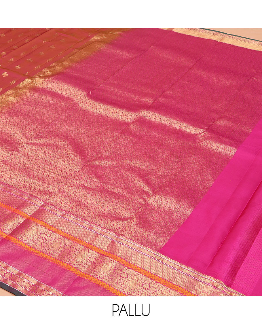 Orange Vasundhara Lite Silk Mix Saree, Graced with Zari Buttas, Complemented by a Contrast Border of Rekku, Rudraksham, Mayil Kann, Kathir, Jada Nagam, and Thilakam Designs, Intricately Designed Pallu, and Paired with a Contrast Blouse
