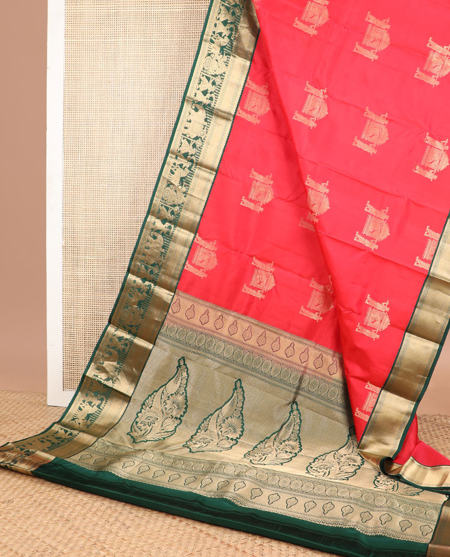 Red buttas silk saree with contrast wedding design border & floral design pallu