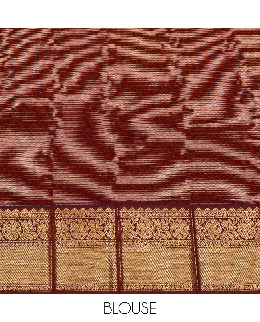 Sandal Budget Silk Saree Features with Zari Buttas and Stripes, Complemented by a Contrast Traditional Zari Border, Jaal Pallu, and Contrast Blouse