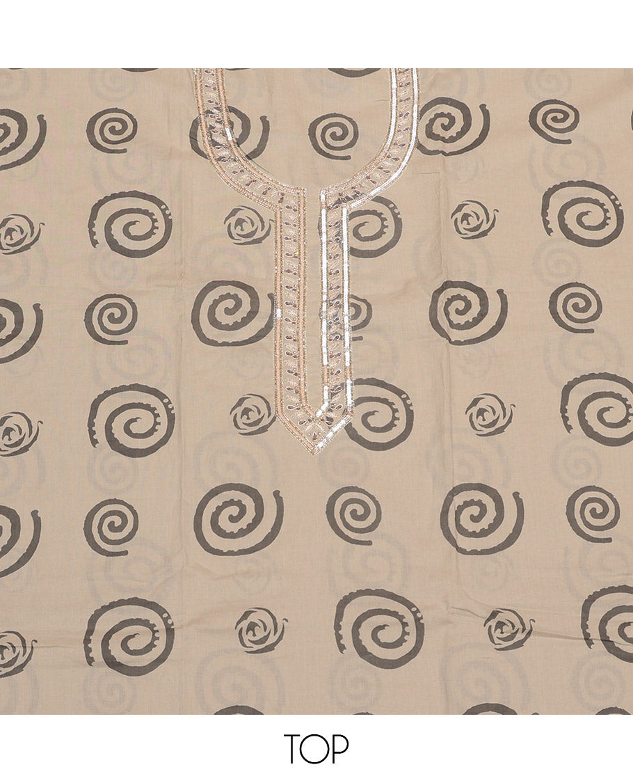 Chikku-Brown Material Churidar Set, Decorated with Spiral Motifs and Neck Embroidery Cotton Top, Printed Bottom, and Dual-Tone Dyed Chiffon Dupatta