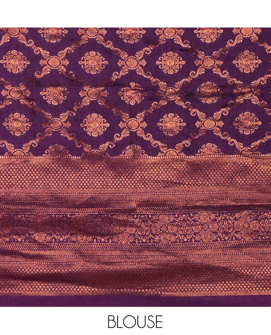 Cream and Purple Half-Saree Featuring Gold Zari Buttas Steeped Nylon Viscose Skirt, Complemented by a Contrast Jacquard Zari Design Blouse, and Comes with a Syska Georgette Embroidered Scallop-Bordered Dhavani