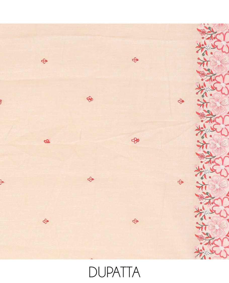 Cream Mul Chanderi Material Churidar Features Floral Embroidered Top, a Plain Bottom, a Floral Embroidered Scallop Dupatta