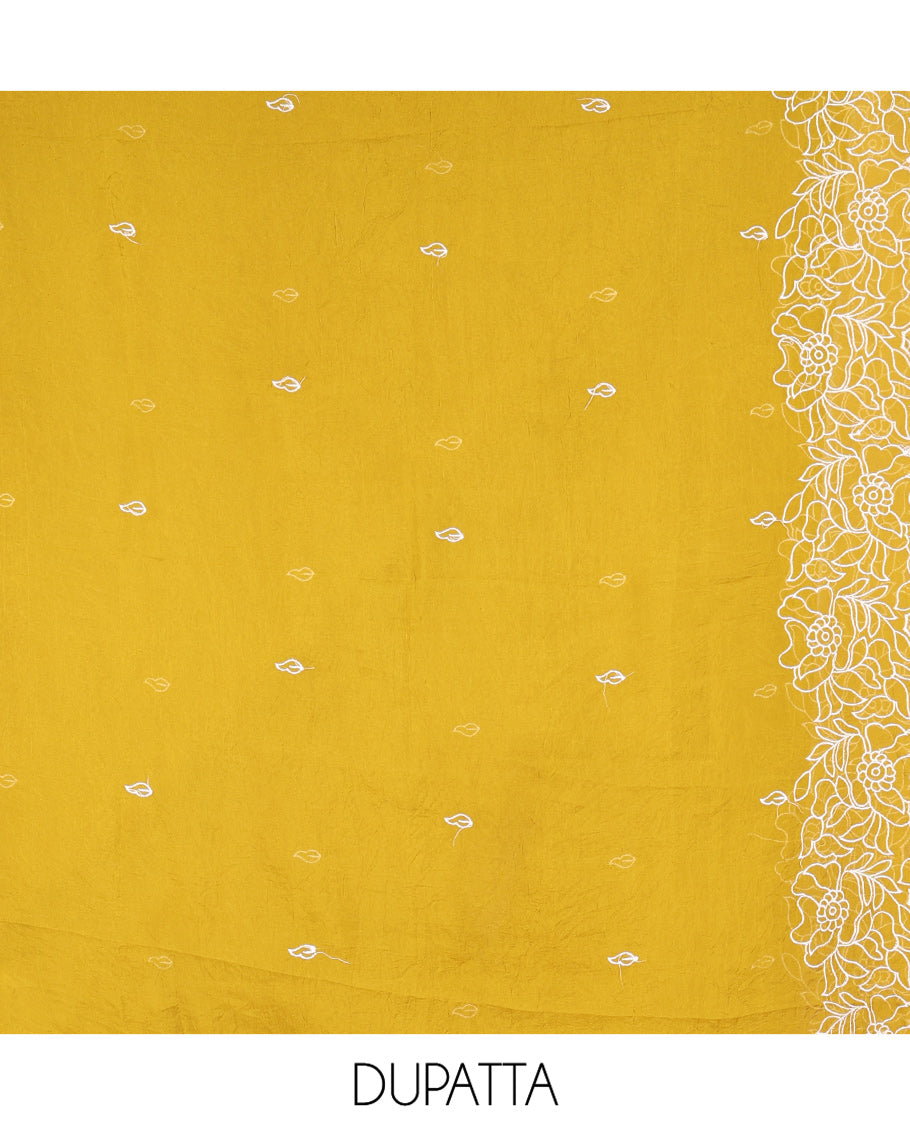 Cream-Mustard Organza Material Chudidar, Floral Thread Embroidery Top, Contrast Bottom, and Embroidered Scallop Dupatta