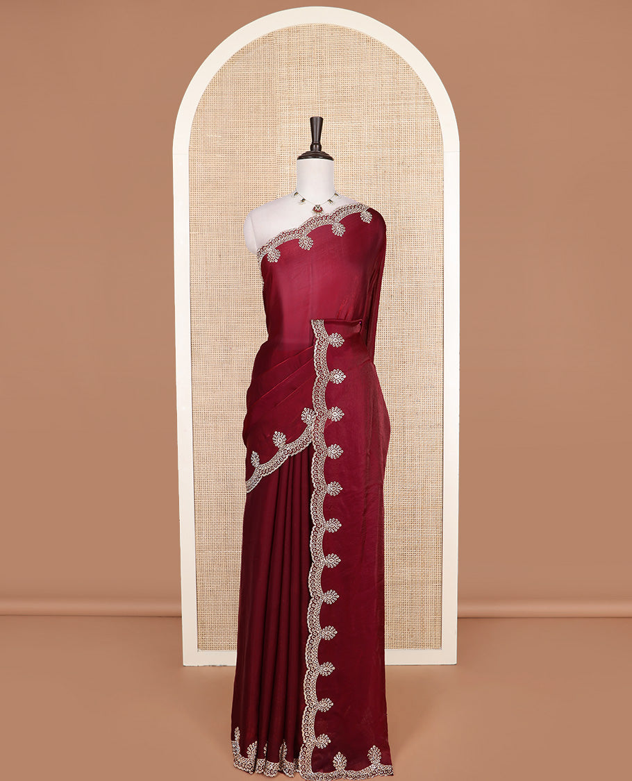 Maroon plain designer saree, intricately stone work border