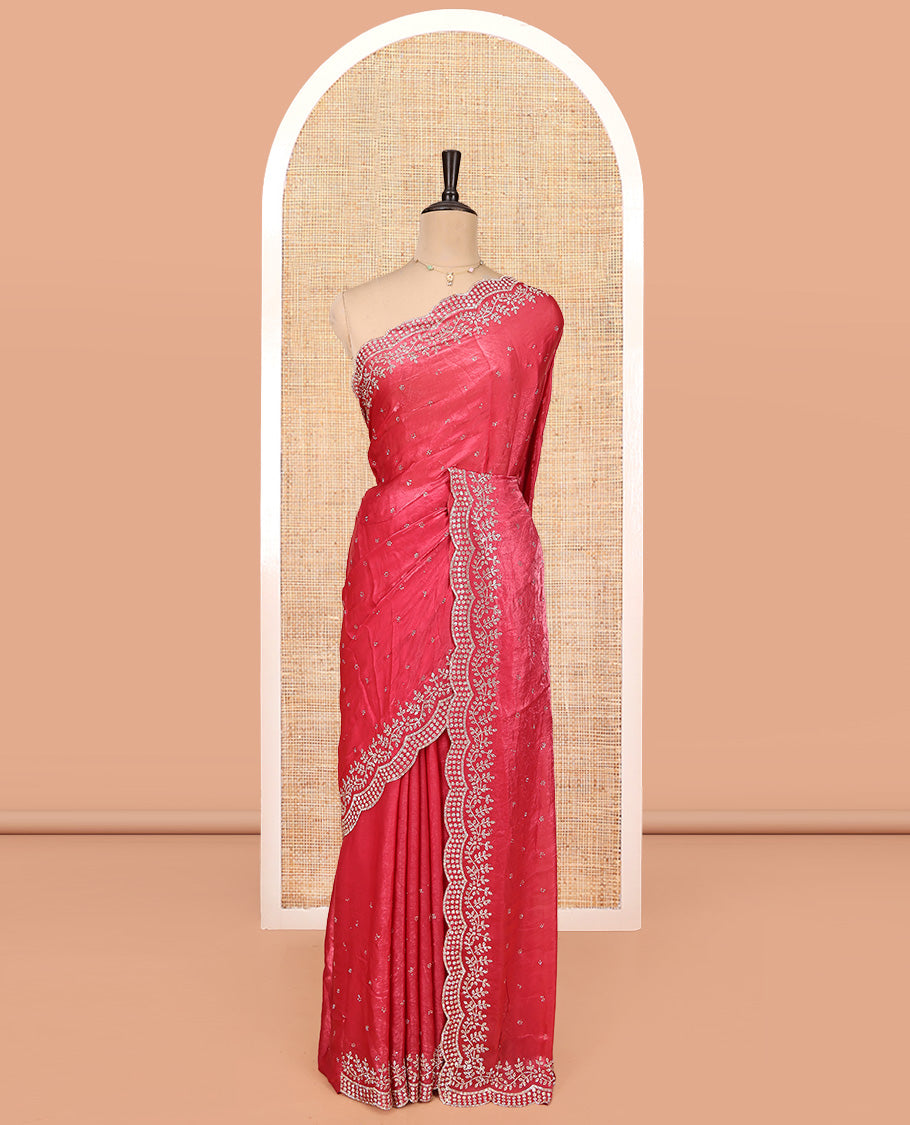 Red Designer Saree, Styled with Stone Work All Over Its Body, a Scallop Cut-Embroidered Border, and Matching Blouse
