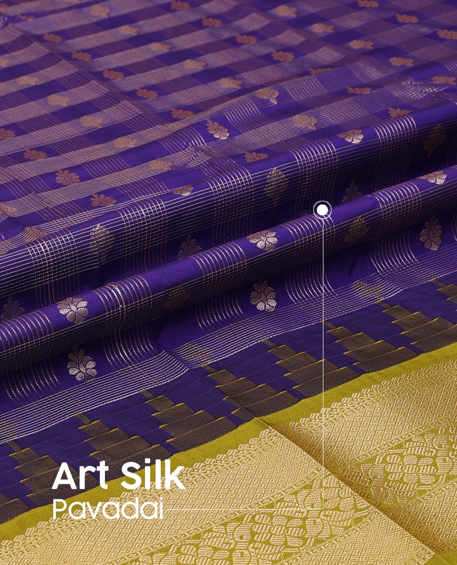 Blue Art Silk Pavadai Material Set, Bedecked with Zari Buttas Skirt, Complemented by a Contrast Temple Traditional Zari Design Border, and Paired with a Contrast Blouse